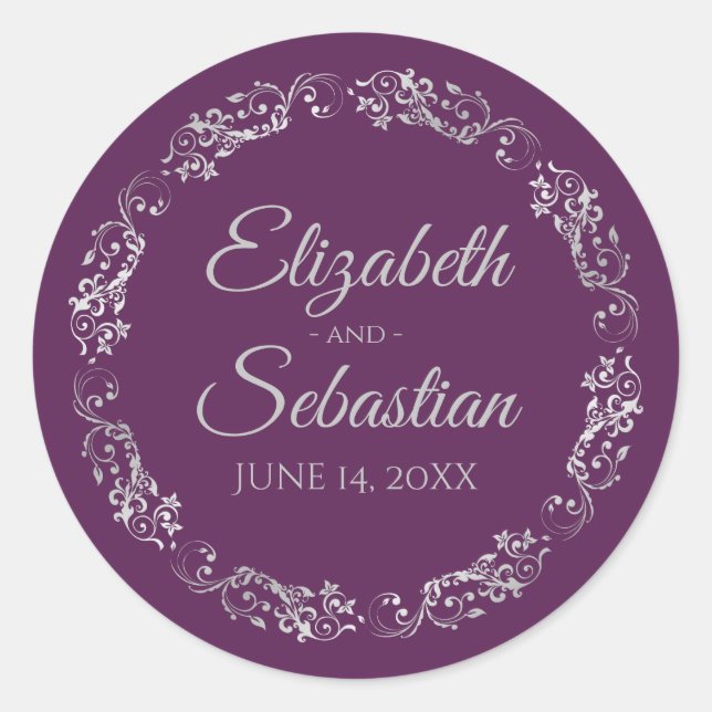 Sticker Rond Lacy Silver Filigree Elegant Plum Purple Wedding (Devant)