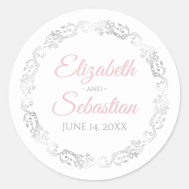 Sticker Rond Lacy Silver Filigree Élégant rose sur Mariage blan (Devant)