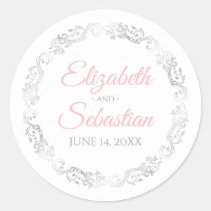 Sticker Rond Lacy Silver Filigree Élégant rose sur Mariage blan