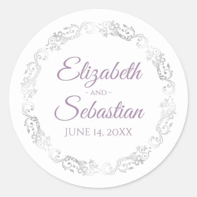 Sticker Rond Lacy Silver Frills Elegant Lavender White Mariage (Devant)