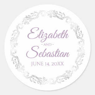 Sticker Rond Lacy Silver Frills Elegant Lavender White Mariage