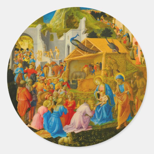 Sticker Rond L'Adoration de l'Autocollant de la Nativité Magi (Devant)