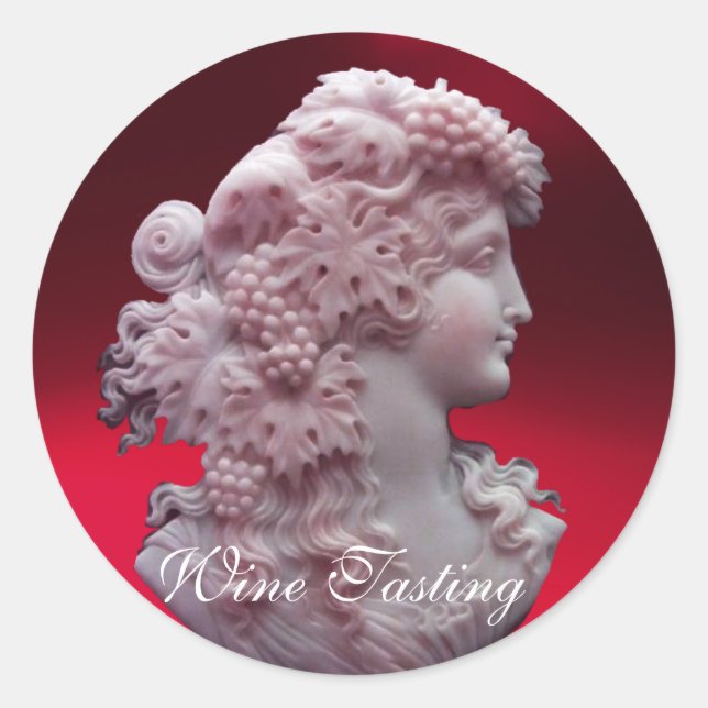 STICKER ROND LADY DE VIN ROUGE ANTIQUE, RAISINS ET GRAPEVINES (Devant)