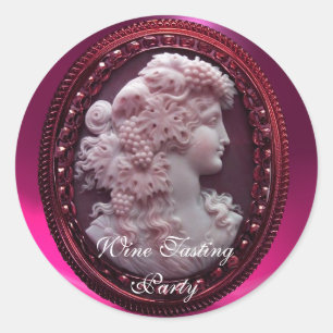 STICKER ROND LADY DE VIN ROUGE ANTIQUE, RAISINS ET GRAPEVINES