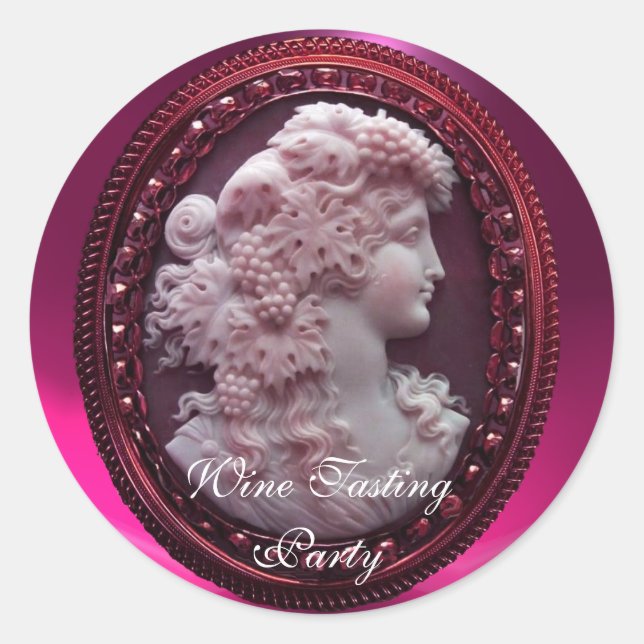 STICKER ROND LADY DE VIN ROUGE ANTIQUE, RAISINS ET GRAPEVINES (Devant)