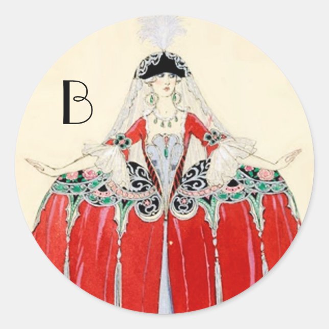 STICKER ROND LADY EN ROUGE, MODE DE BEAUTÉ COSTUME CONCEPTION M (Devant)