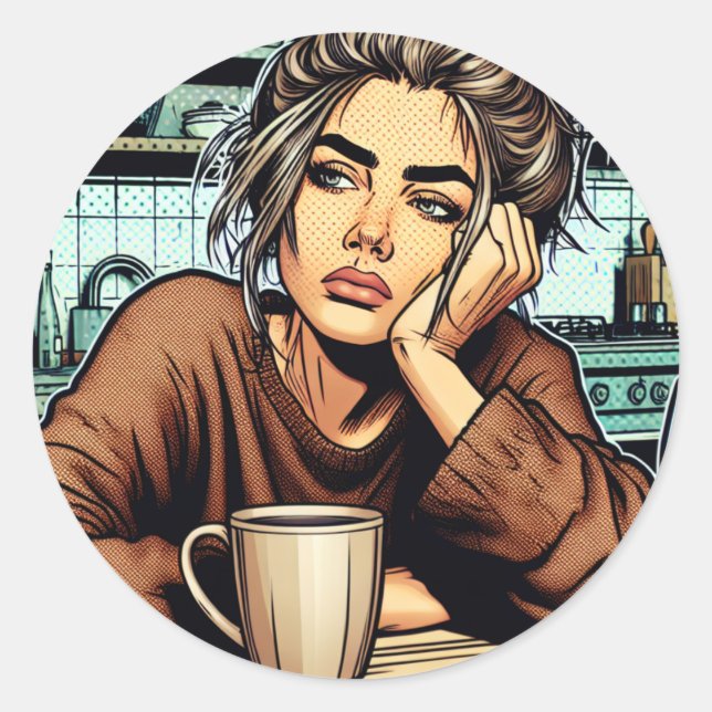 Sticker Rond Lady fatiguée avec café | Comic Book Pop Art (Devant)