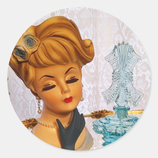 Sticker Rond Lady Head Vase Bleu Rose Parfum bouteille Glam  (Devant)