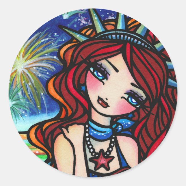 Sticker Rond Lady Liberty Mermaid 4 juillet Art Hannah Lynn (Devant)
