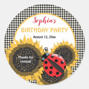 Sticker Rond Ladybugs et Tournesols Merci de fête d'anniversair