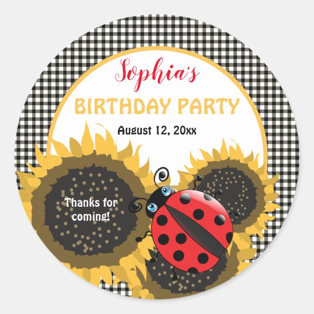 Sticker Rond Ladybugs et Tournesols Merci de fête d'anniversair (Devant)