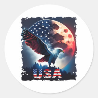 Sticker Rond L'aigle américain sous lune avec drapeau américain