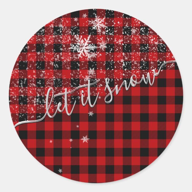 Sticker Rond Laisser la neige Script Buffalo Plaid Joyeux Noël (Devant)