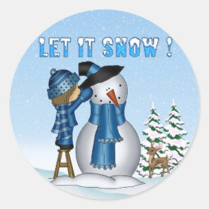 Sticker Rond Laissez lui neiger bonhomme de neige arrondissez