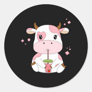 Sticker Rond Lait de fraise Kawaii Aesthétique K Vache Imprimer