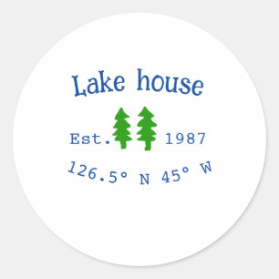 Sticker Rond Lake house et. Date année coordonnées personnalisé