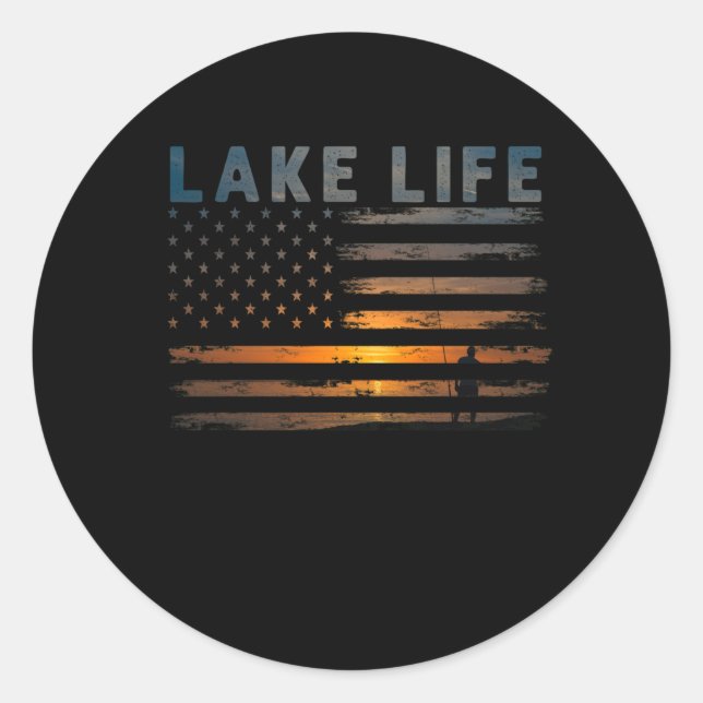 Sticker Rond Lake Life Fishman Sunset American Flag Bass Fish (Devant)