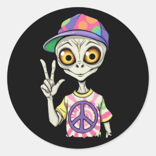Sticker Rond L'Alien fait le signe de paix de la main 1