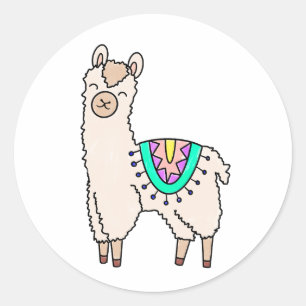 Sticker Rond lama alpaga de dessin animé souriant et heureux