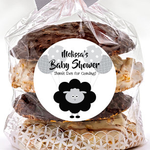 Sticker Rond Lambe blanche noire Merci de Baby shower doux Nom
