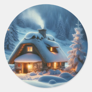 Sticker Rond L'amorce chaude de l'hiver : une hutte de neige so