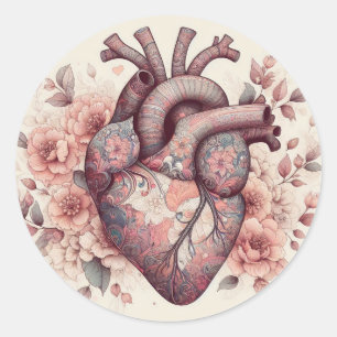 Sticker Rond L'amour anatomique : un coeur humain florissant