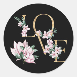 Sticker Rond L'amour dans la lettre d'or avec les fleurs de mag