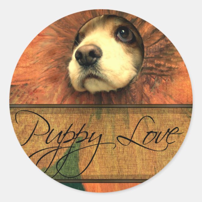 Sticker Rond L'amour des chiots à la recherche d'une clôture (Devant)