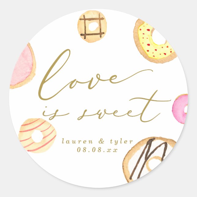 Sticker Rond L'amour est douce Aquarelle Donuts Mariage Faveur (Devant)