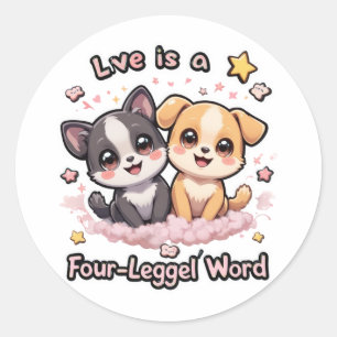Sticker Rond L'amour est un mot à quatre pattes mignon coquelic