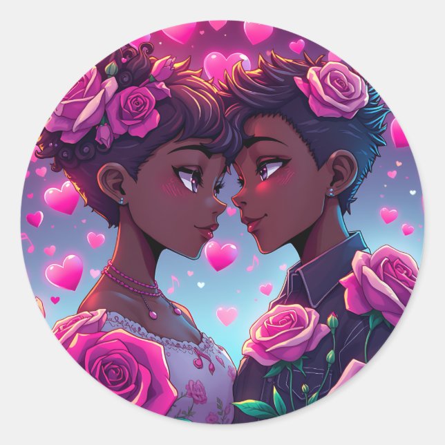 Sticker Rond L'amour LGBT | Couple Anime Africain-Américain (Devant)