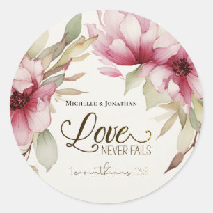 Sticker Rond L'amour n'échoue jamais Bible Verse Mariage rose F