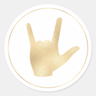 Sticker Rond Langue Des Signes Faux Gold Foil I Love You Sticke