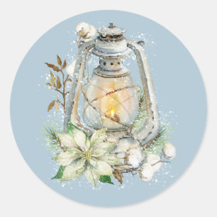 Sticker Rond Lanterne de Noël en aquarelle d'hiver neige bleu