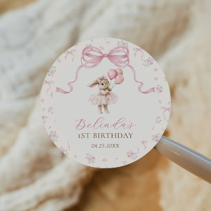 Sticker Rond Lapin à noeud papillon floral rose pour 1er annive