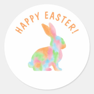 Sticker Rond Lapin aquarelle coloré Joyeuses Pâques