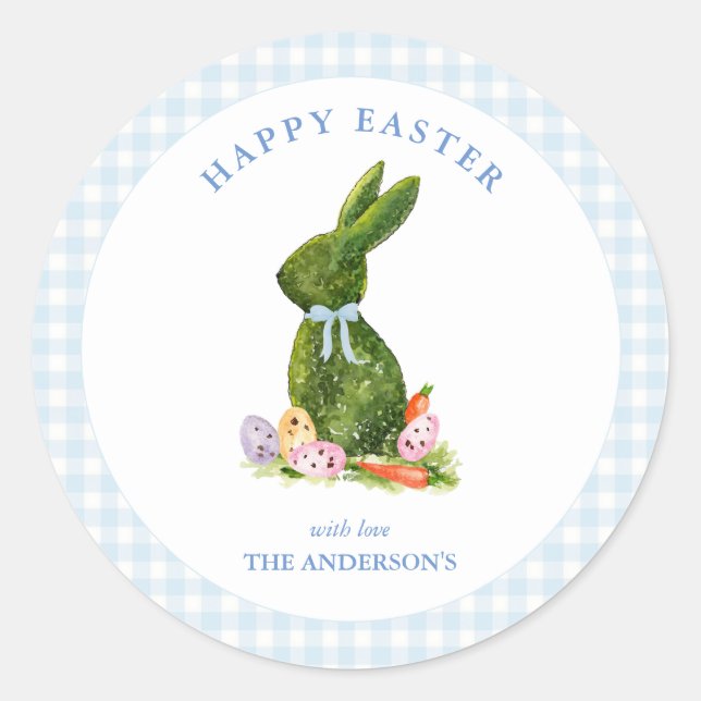 Sticker Rond Lapin avec frontière en vichy bleue Joyeux Pâques (Devant)