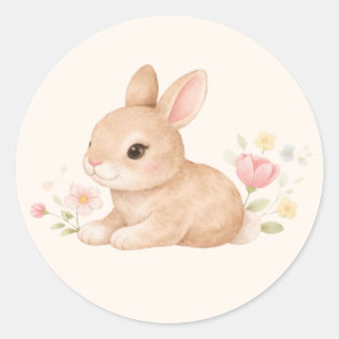Sticker Rond Lapin Bébé Mignon Fleurs Roses