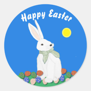 Sticker Rond Lapin blanc et œufs