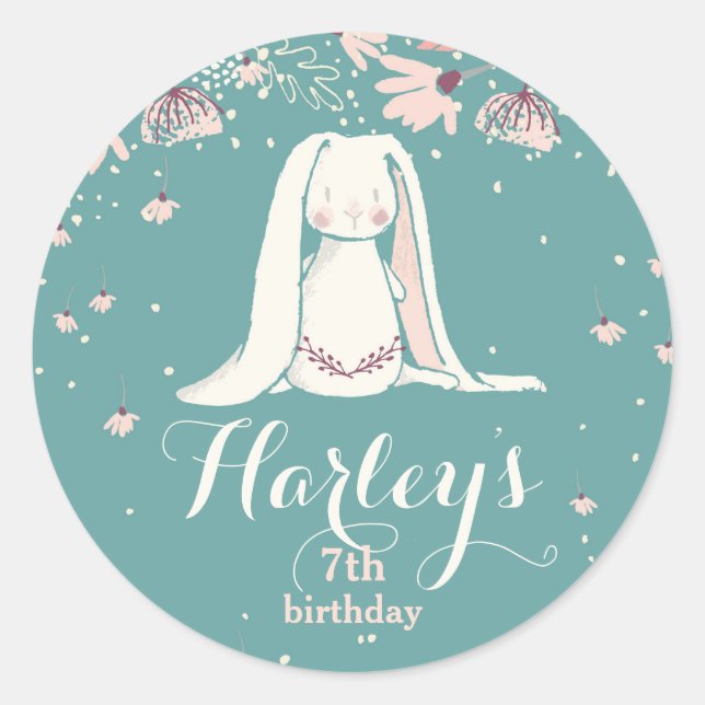 Sticker Rond Lapin blanc & Fleurs | ANNIVERSAIRE DE ENFANT (Devant)
