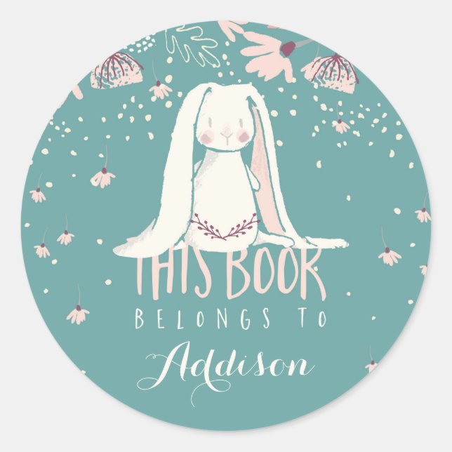 Sticker Rond Lapin Blanc & Fleurs Ce Livre Appartient À (Devant)