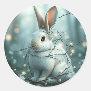 Sticker Rond Lapin bleu pastel avec brindilles et fleurs