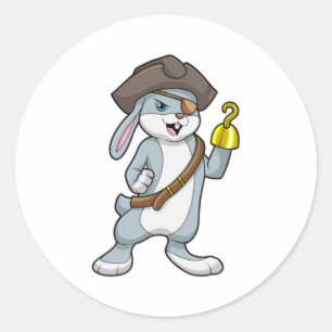 Sticker Rond Lapin comme Pirate avec crochet main et casquette 