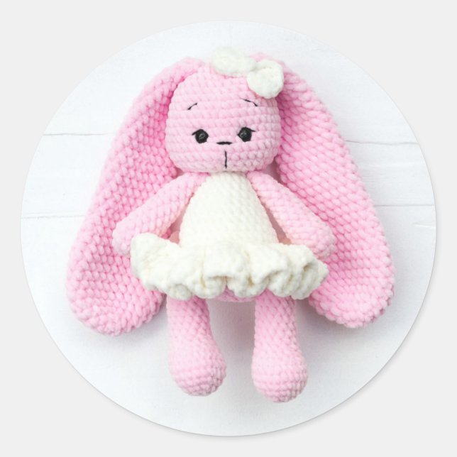 Sticker Rond Lapin Crochet Rose - Joli Design artisanal (Devant)