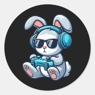 Sticker Rond Lapin de gamer drôle de jour de Pâques Printemps d