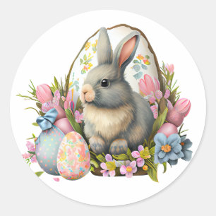 Sticker Rond lapin de pâques avec fleurs et oeufs, fleur coloré