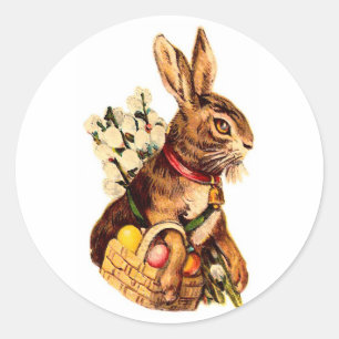 Sticker Rond Lapin de Pâques avec oeufs et fleurs