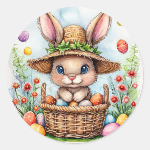 Sticker Rond Lapin de Pâques dans un panier d'oeufs peints Joye