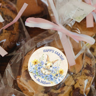 Sticker Rond Lapin de Pâques et fleurs bleues et jonquilles jau