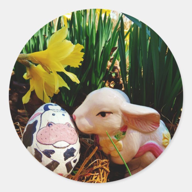 Sticker Rond Lapin de Pâques et oeuf de vache (Devant)